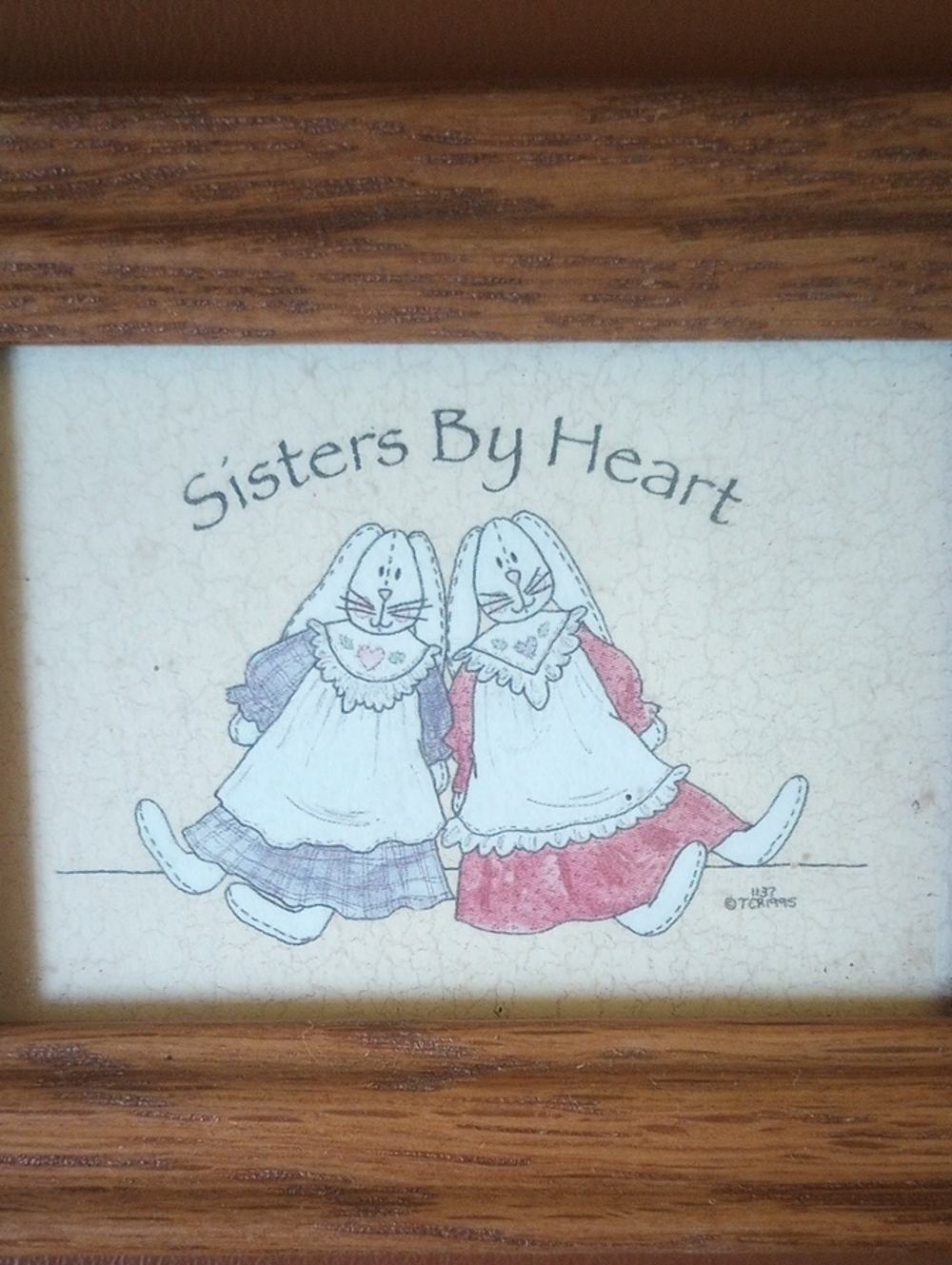 "Sisters by Heart" Vintage Country Art w/ Rabbits.  Brown Wood Frame w/ Glass.